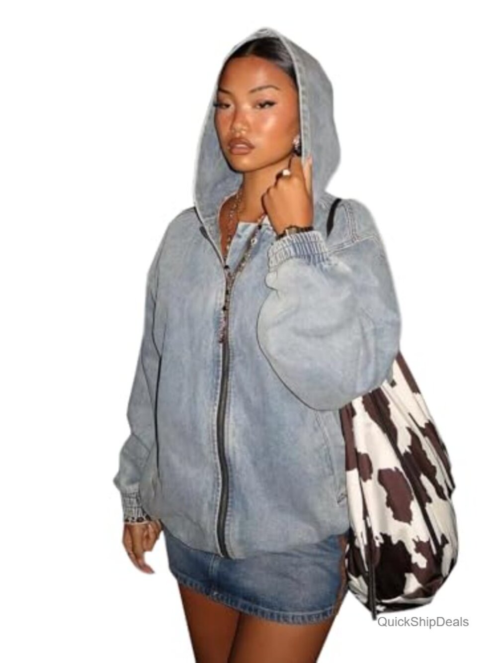Oversized Hooded Vintage Washed Denim Bomber Jacket Zip Closure